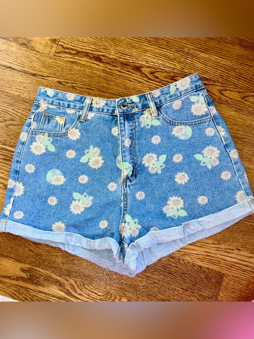 Sunflower Print Rolled Cuff Denim Shorts
